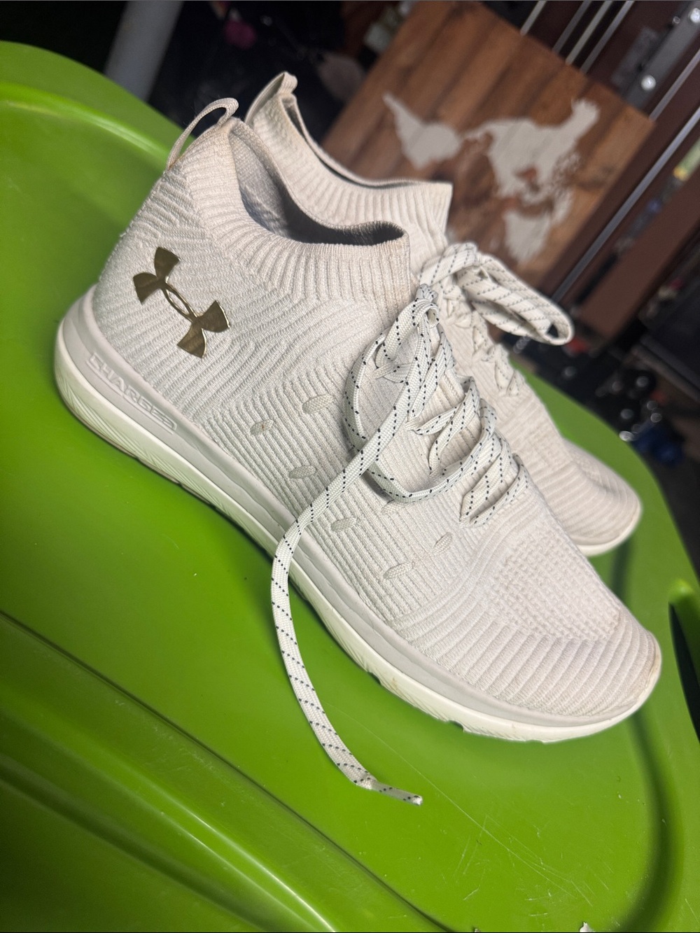 Under Armour Beige Knit Slip-On Athletic Trainers with Gold Logo